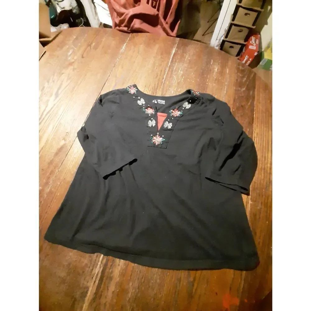 1X Holiday Editions Black 3/4 Sleeve Cotton Christmas Shirt Top Embellished